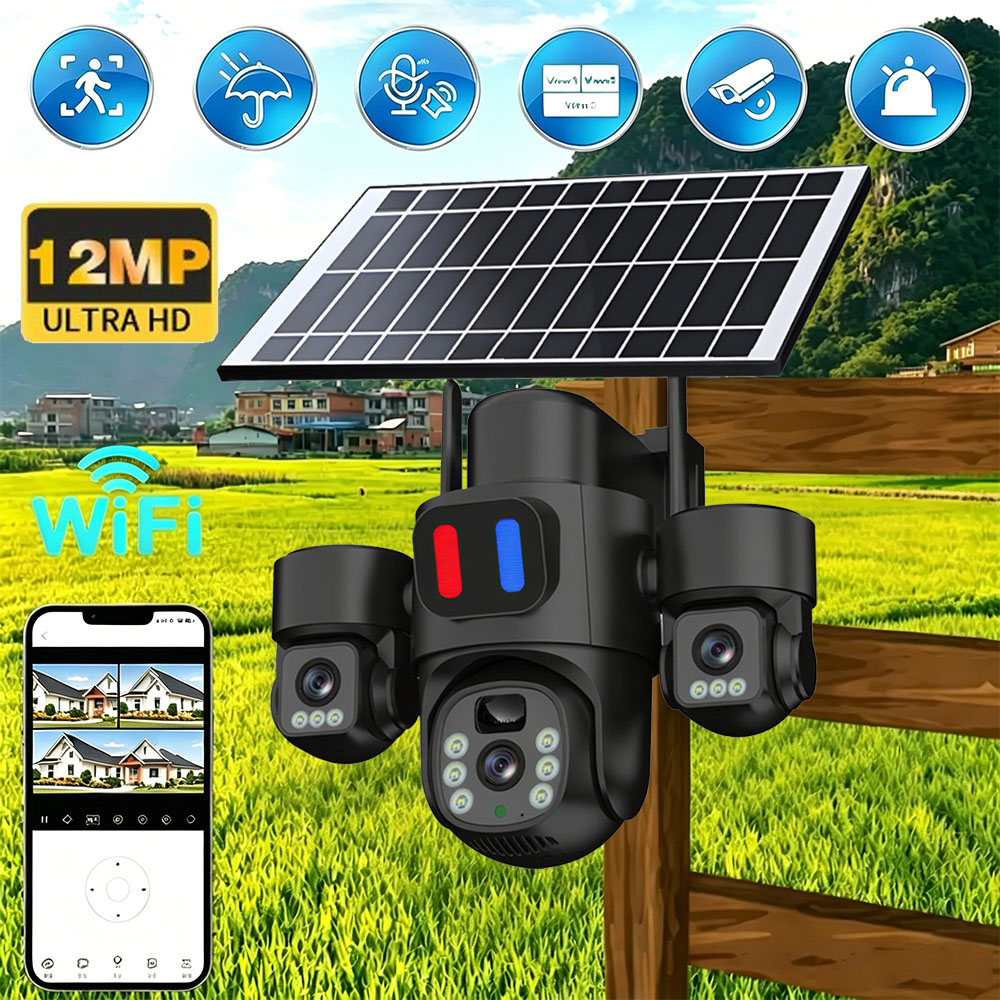 Home Security Cameras Wireless - Solar WiFi PTZ-camera Buiten Drievoudige lens